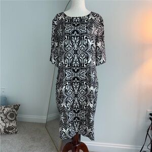 St. John Black and White Silk Sheath Midi Dress